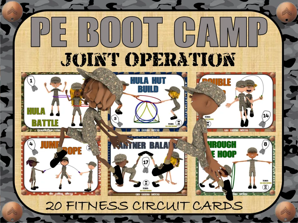 PE Boot Camp: Joint Operation cover identifies 20 fitness circuit cards and shows sample partner activities
