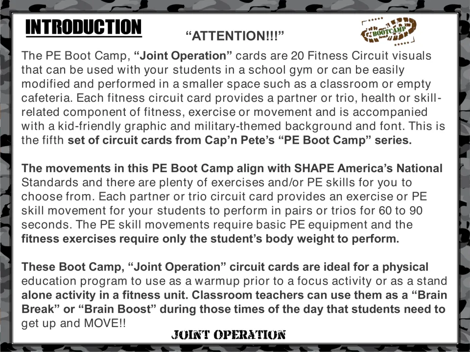 Introduction explains the 20 partner or trio circuit cards, equipment needs, and uses for PE or brain breaks