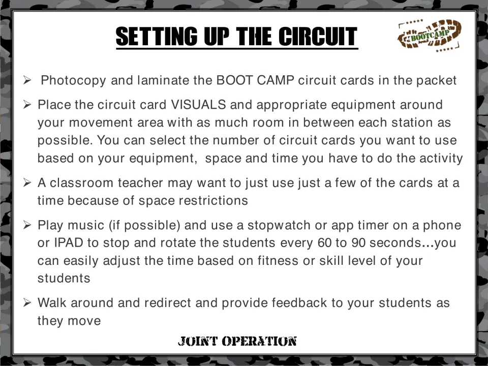 Circuit setup directions cover laminating cards, spacing stations, and rotating students every 60 to 90 seconds