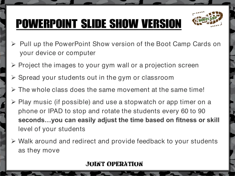 Slideshow directions explain projecting circuit cards for whole-class movement with 60- to 90-second intervals