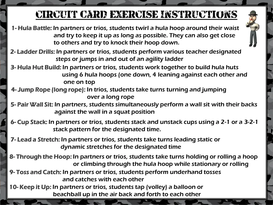 Instructions for circuit cards 1–10: Hula Battle, Ladder Drills, Hula Hut Build, Jump Rope, and six more