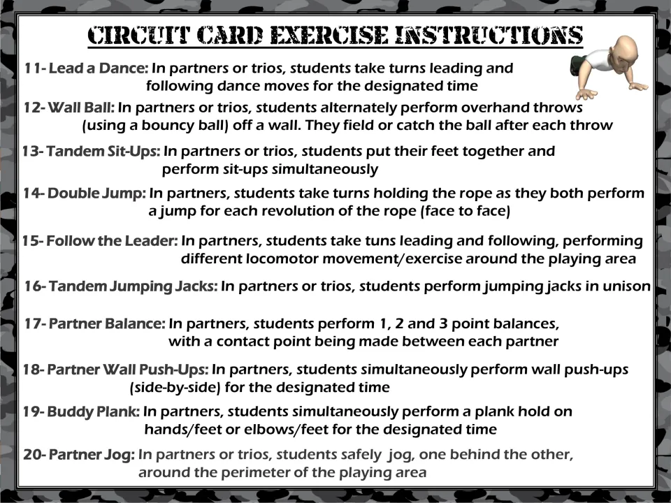Instructions for circuit cards 11–20: Lead a Dance, Wall Ball, Tandem Sit-Ups, Double Jump, and six more