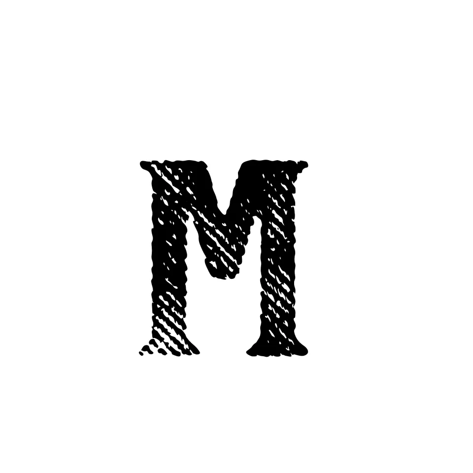 Bulletin board letter M in a black distressed serif font, the first letter of the word MASTER, for cutting out and posting