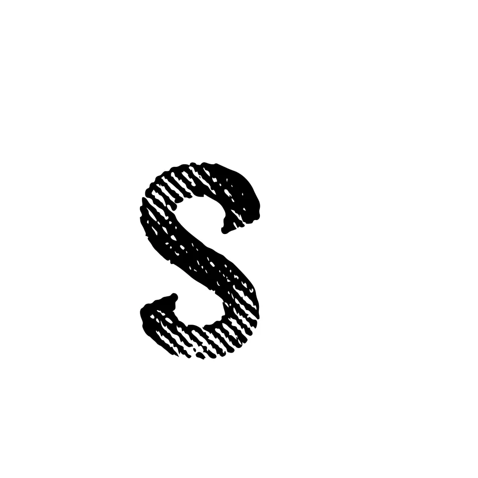 Title letter S from the word MASTER, a large black hand-textured serif cut-out letter for the bulletin board display