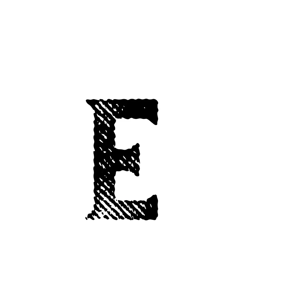 Letter E for the word MASTER, a black textured serif letter printed alone so it can be trimmed and pinned to the board
