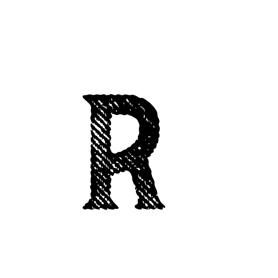 Letter R completing the word MASTER, printed in large black distressed serif type as a cut-out for the PE display heading
