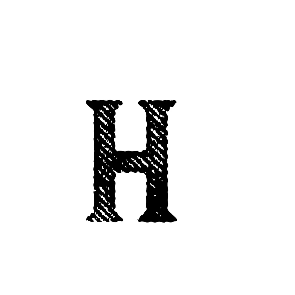 Letter H, the middle letter of THE, in black hand-textured serif lettering, printed on its own for trimming and posting