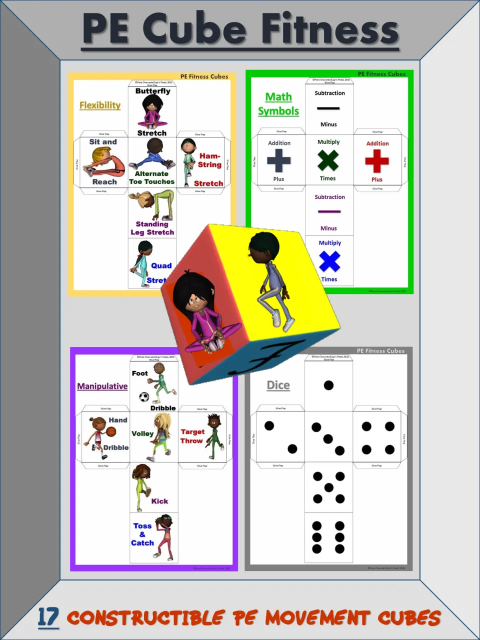 PE Cube Fitness cover introducing 17 constructible cubes, with flexibility, math, skill, and dice examples