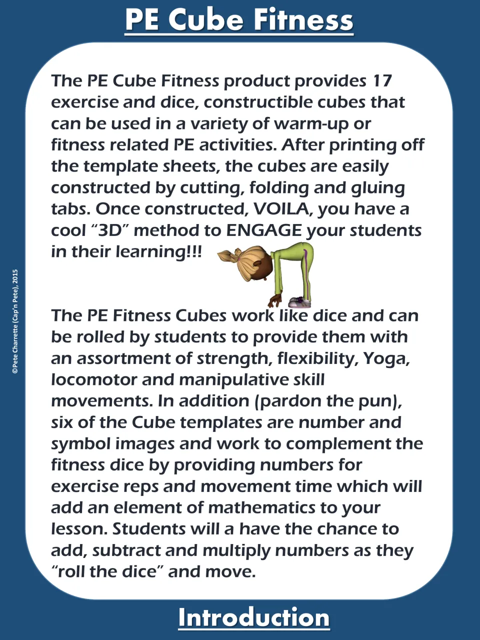 Introduction to 17 printable cubes for PE movements, including six number and symbol cubes for reps and time