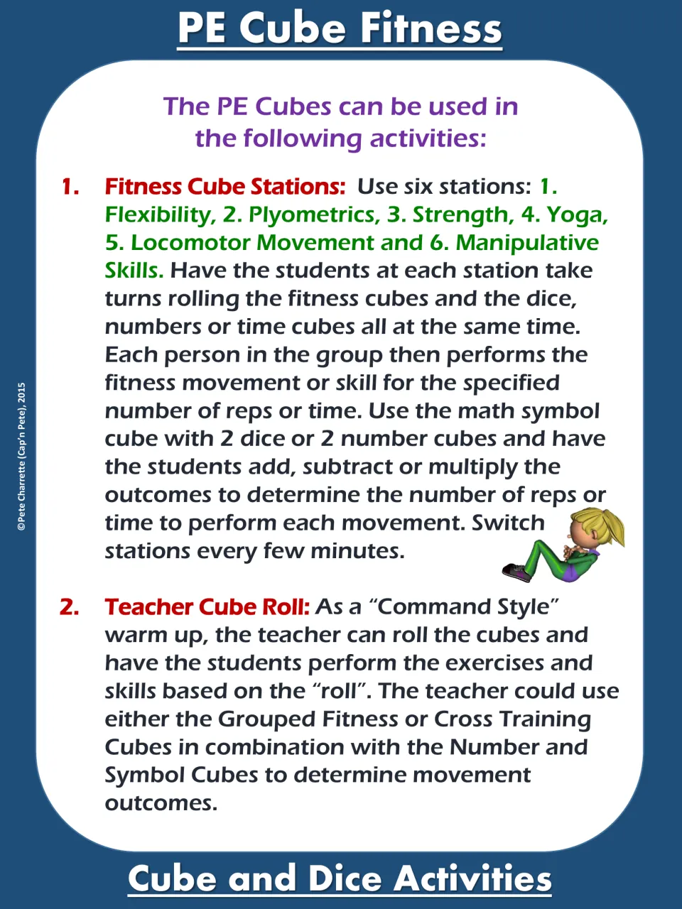 Cube activity directions for six fitness stations and a teacher-led warm-up using movement and number rolls