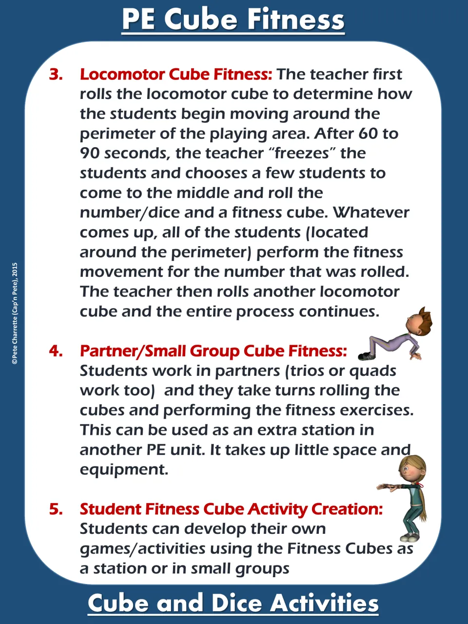 Cube activity directions for locomotor fitness, partner or small-group exercise, and student-created games