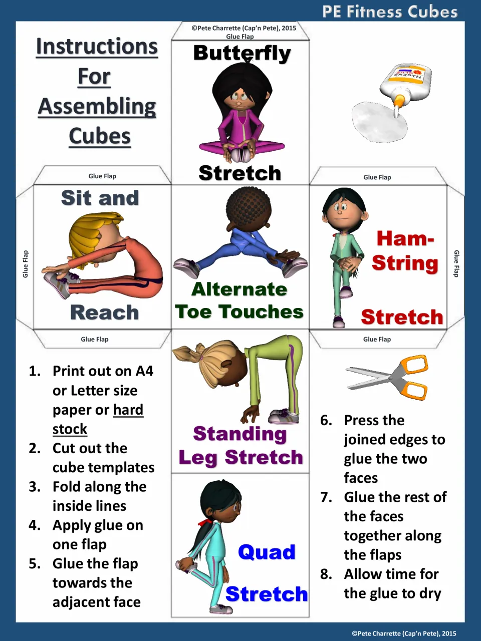 Eight cube assembly steps using the flexibility template: print, cut, fold, glue flaps, and let glue dry