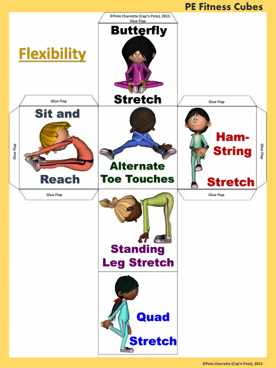 Flexibility cube template: butterfly stretch, sit and reach, alternate toe touches, and three more stretches
