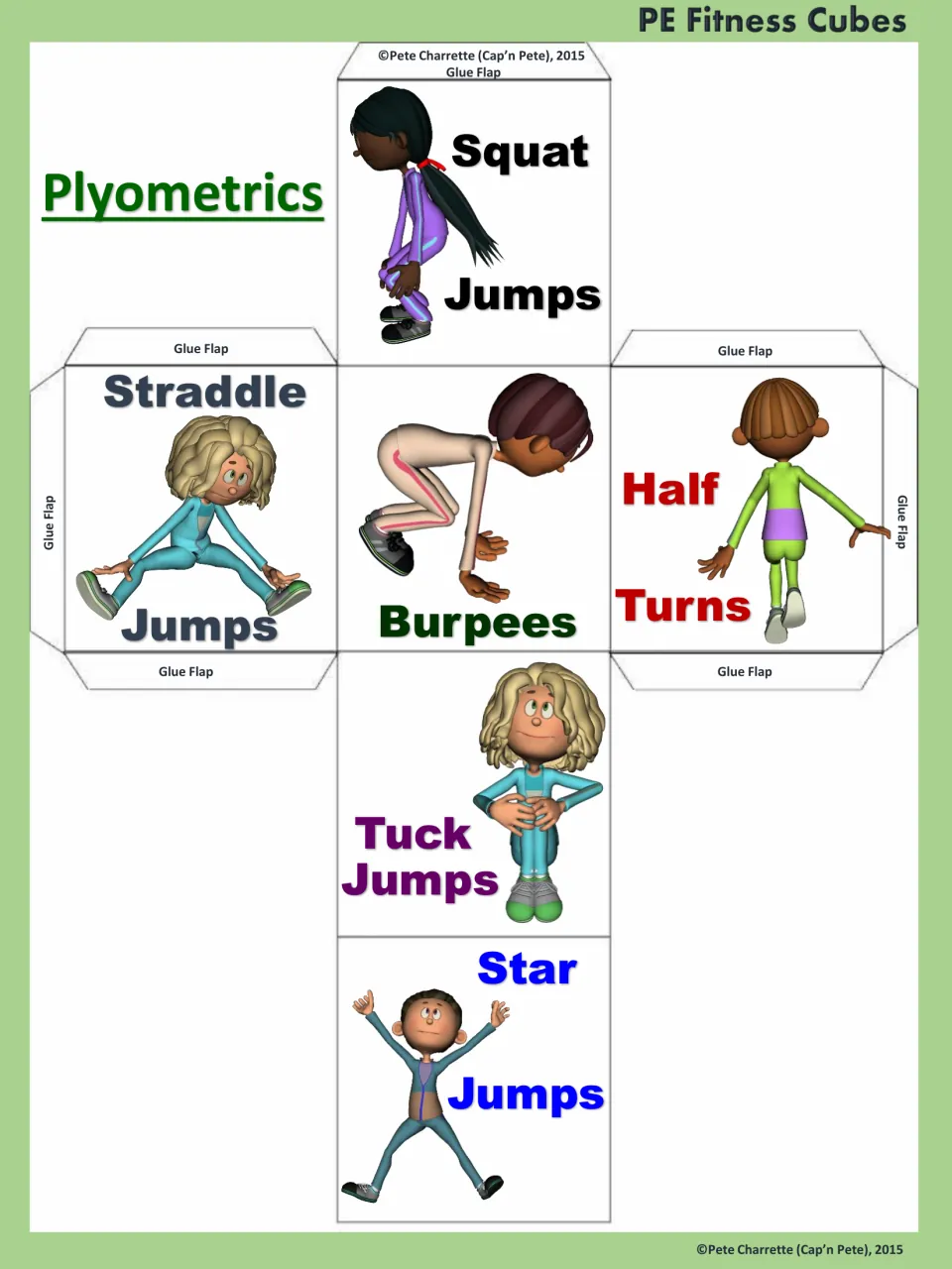 Plyometrics cube template: squat jumps, straddle jumps, burpees, half turns, tuck jumps, and star jumps