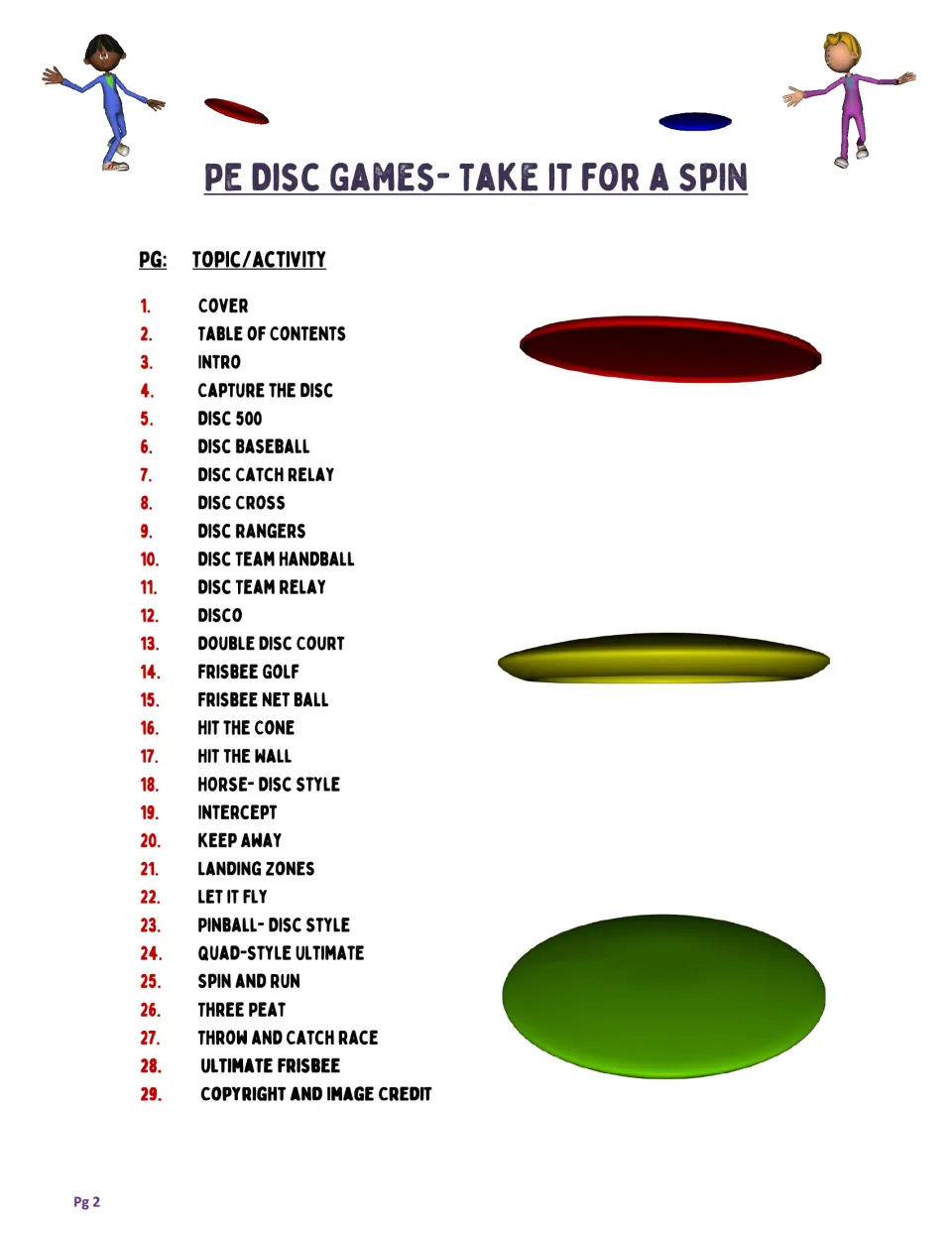 Table of contents listing 29 pages, from cover and intro through Capture the Disc to Ultimate Frisbee and image credits