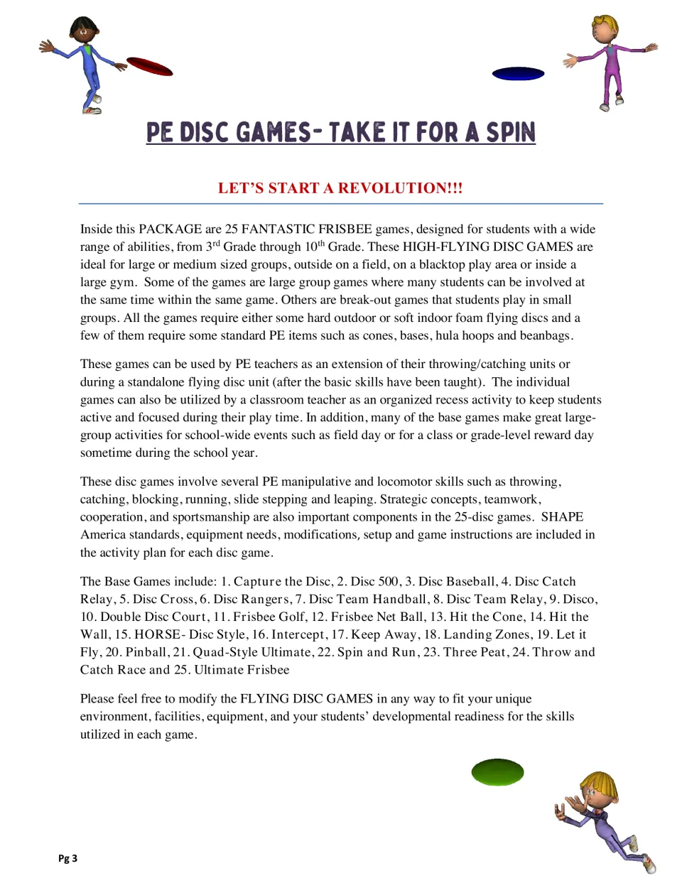 Intro, Let's Start a Revolution: overview of 25 flying disc games, equipment needs, skills used and the full game list