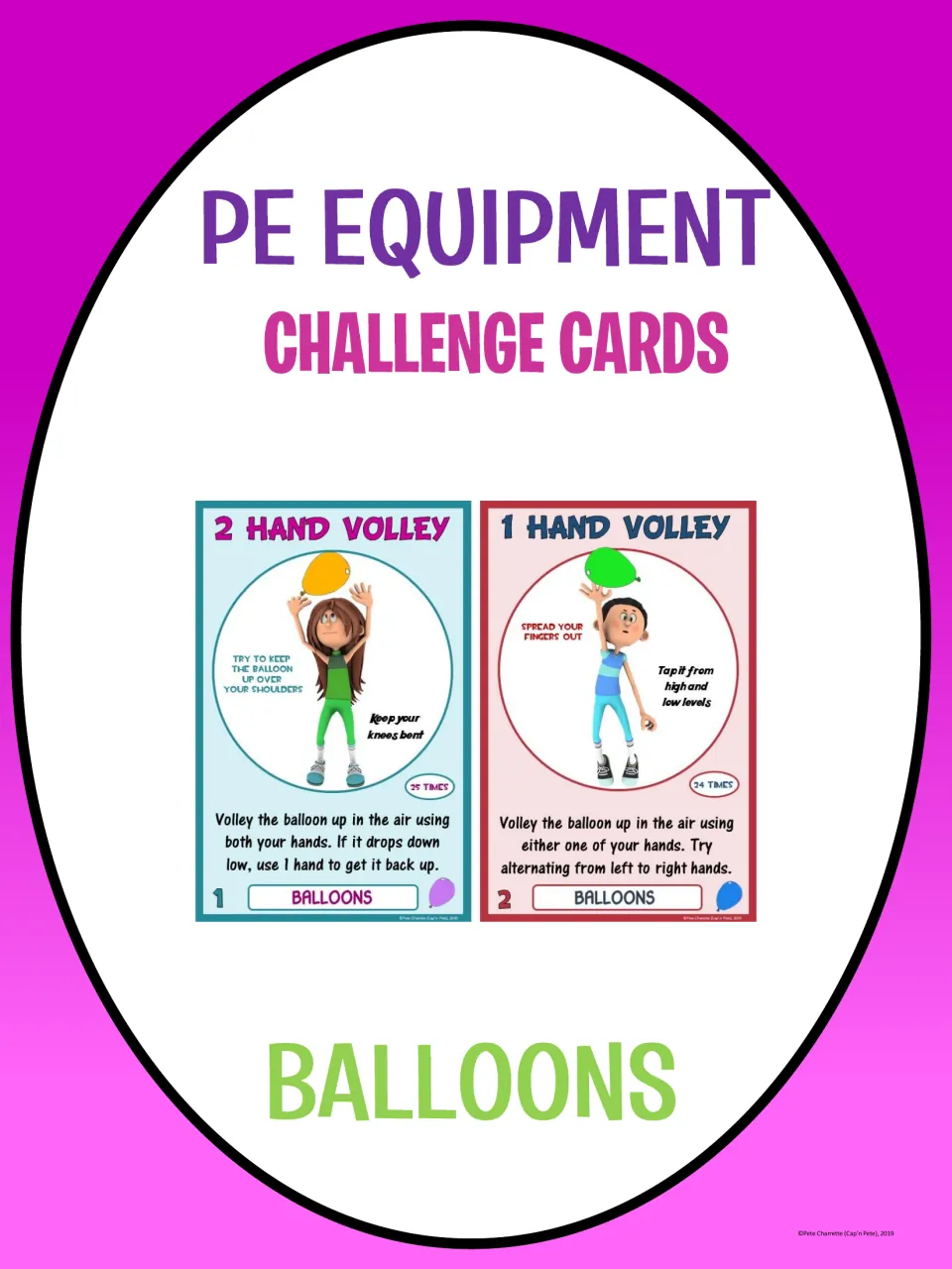 Cover of the balloon PE challenge card set, showing sample cards for two-hand and one-hand volleys