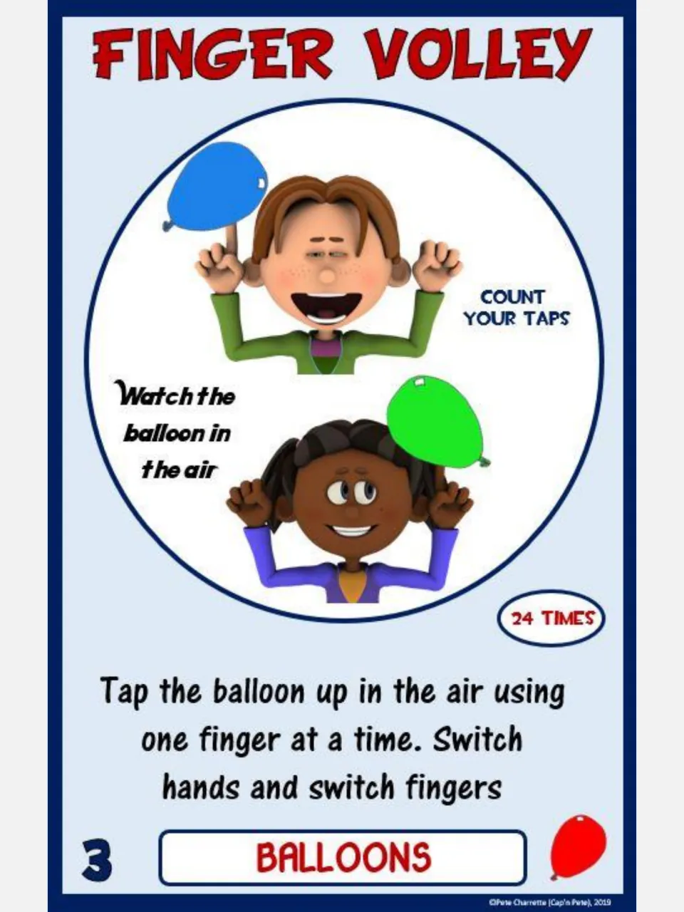 Balloon challenge card 3: Finger Volley, tapping with one finger at a time for 24 taps and switching hands