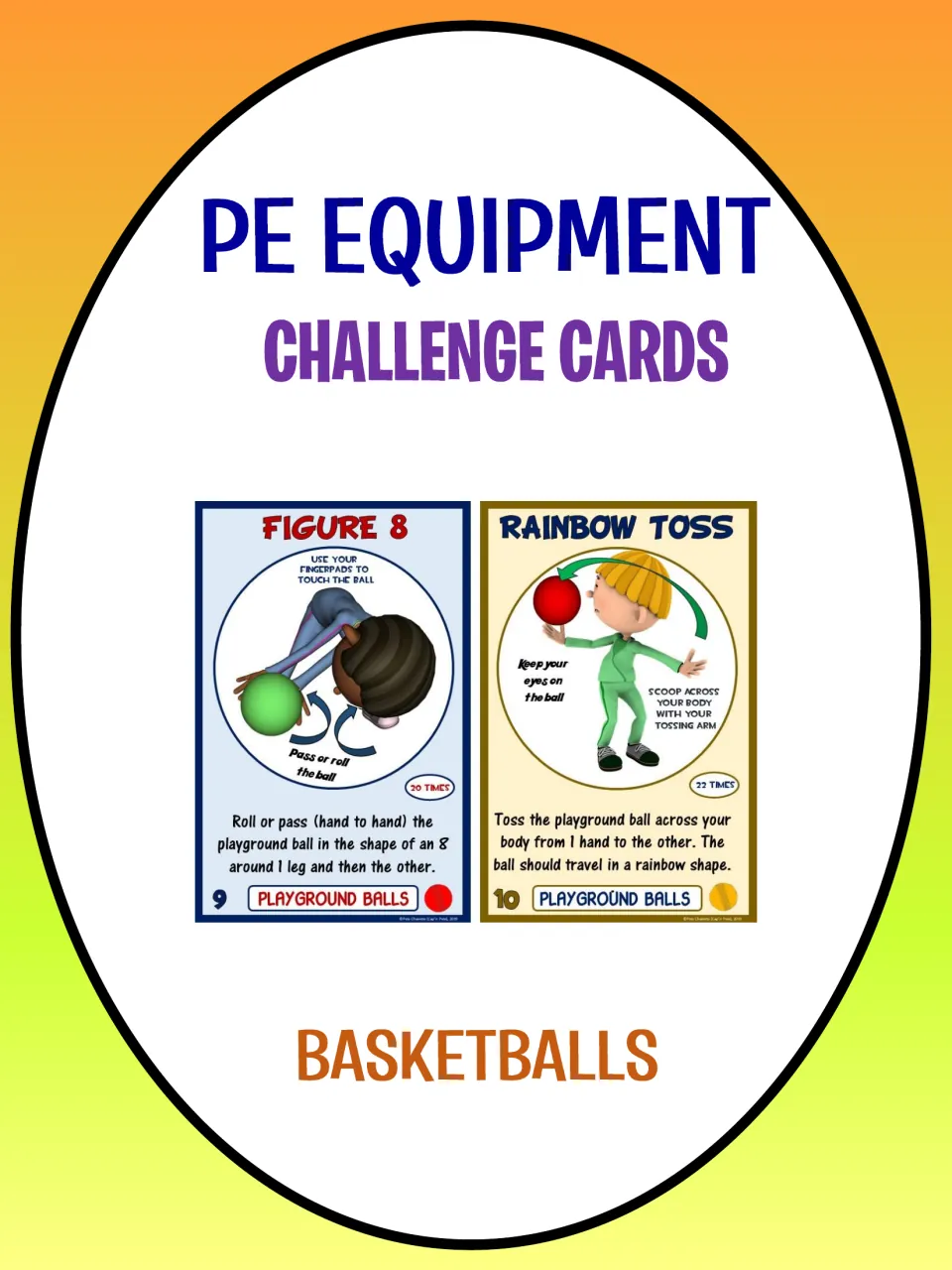 Basketball challenge card set cover showing Figure 8 and Rainbow Toss sample cards labeled Playground Balls
