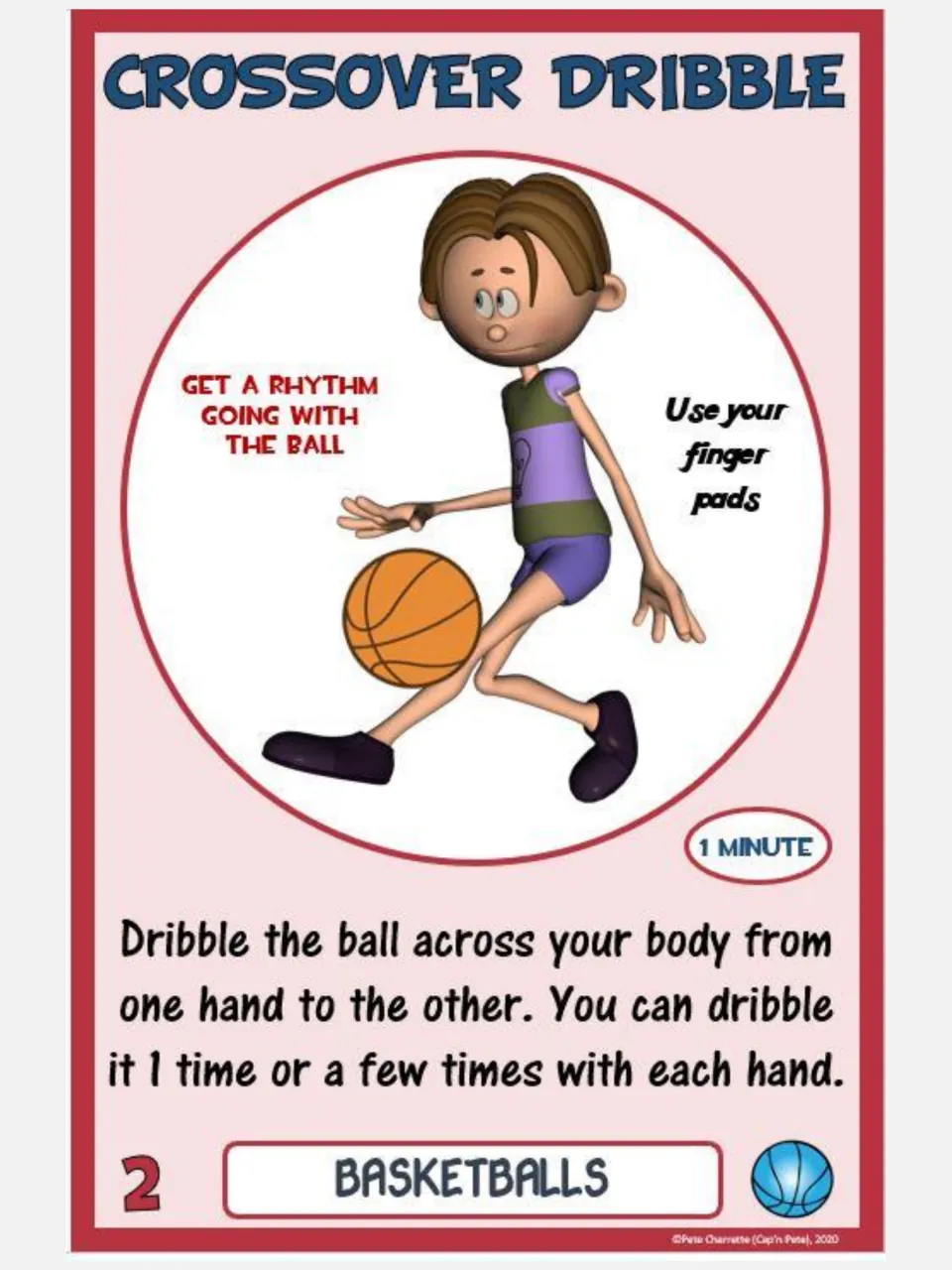 Basketball card 2, Crossover Dribble: dribble across your body from one hand to the other for 1 minute