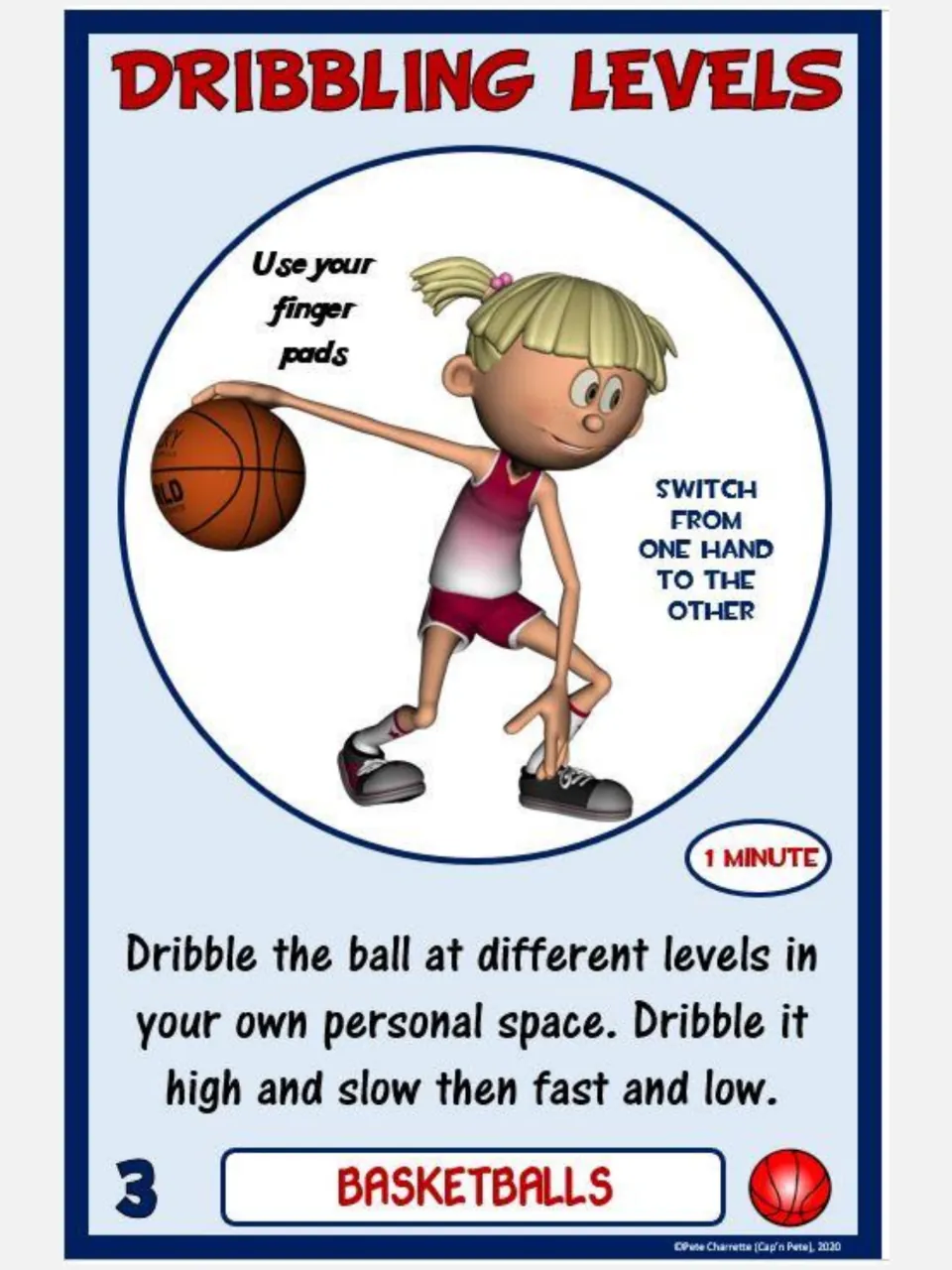 Basketball card 3, Dribbling Levels: dribble high and slow, then fast and low in personal space for 1 minute