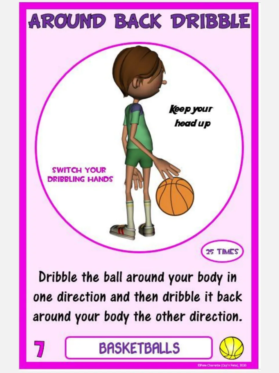 Basketball card 7, Around Back Dribble: dribble around your body in one direction, then the other, 25 times
