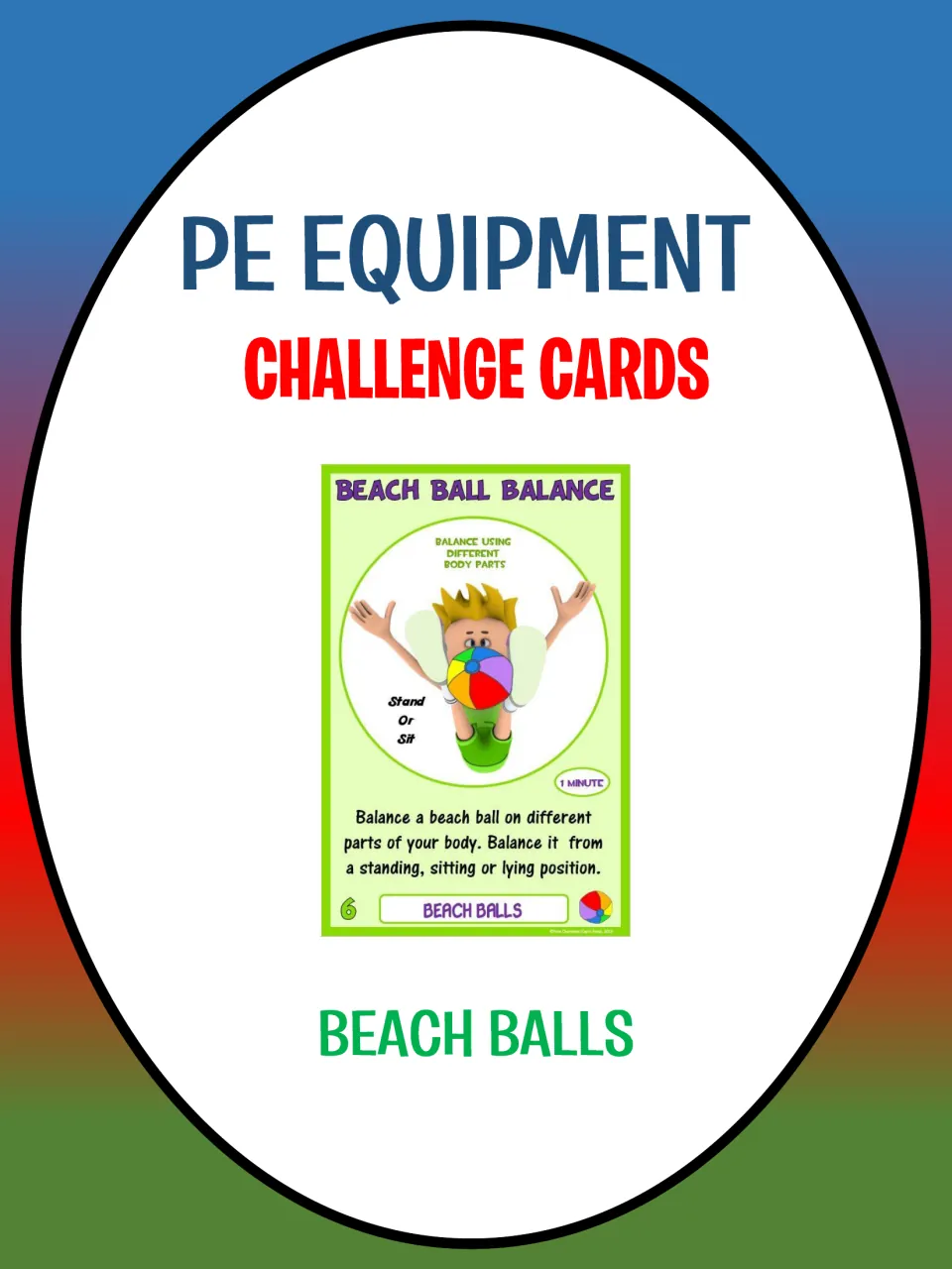 Cover of the beach ball PE challenge card set, featuring a sample Beach Ball Balance task card