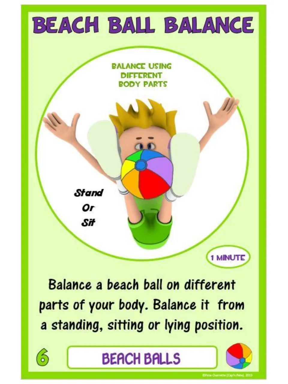 Challenge card 6, Beach Ball Balance: balance the ball on body parts while standing, sitting, or lying down