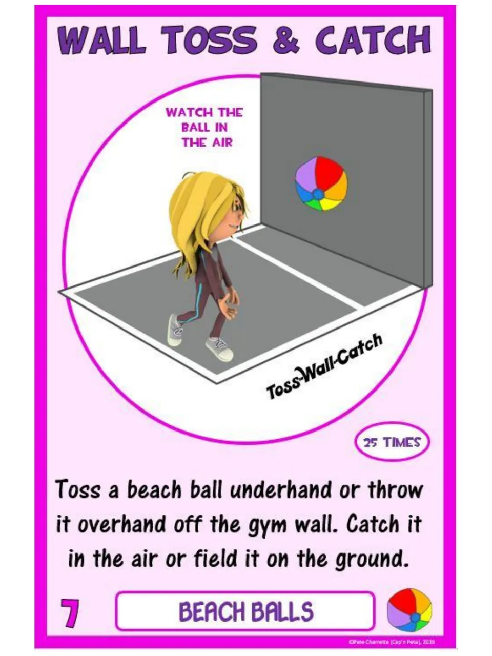 Challenge card 7, Wall Toss & Catch: throw a beach ball off the gym wall and catch or field it 25 times
