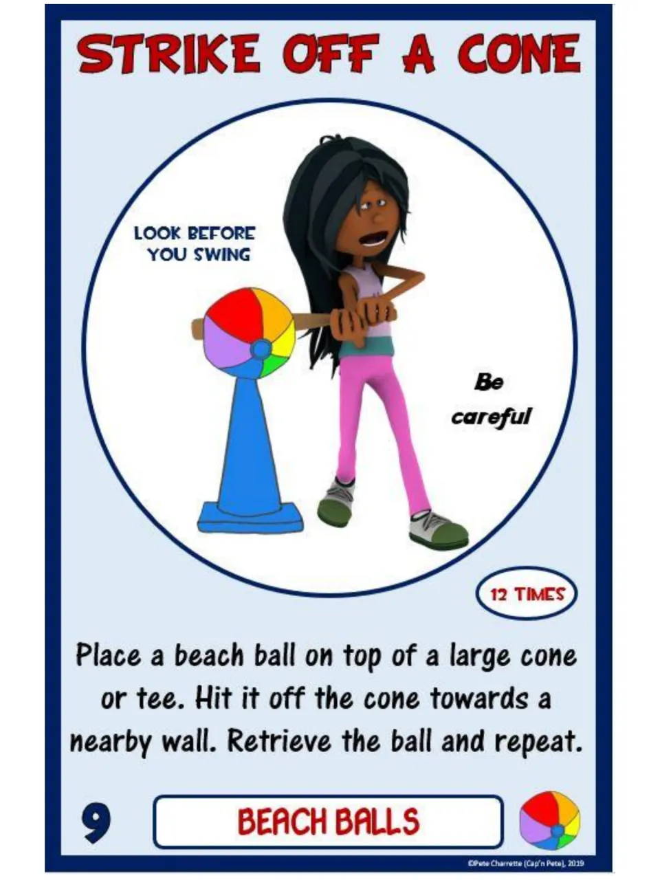 Challenge card 9, Strike Off a Cone: hit a beach ball from a cone or tee toward a wall and retrieve it 12 times