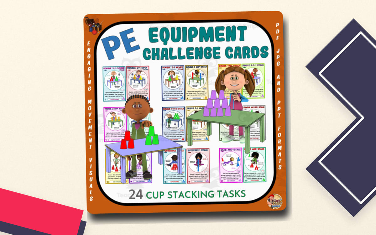 PE Cup Stacking Challenge Cards – 24 Tasks preview: 24 challenge cards (16-page PDF deck)