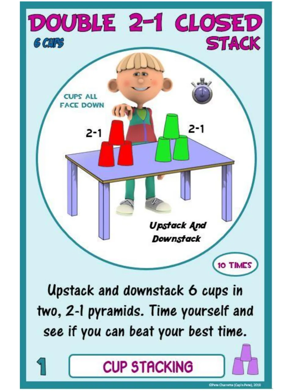 Card 1, Double 2-1 Closed Stack: students upstack and downstack 6 face-down cups in two 2-1 pyramids 10 times, timed