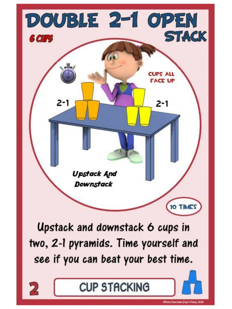 Card 2, Double 2-1 Open Stack: students upstack and downstack 6 face-up cups in two 2-1 pyramids, timing each try