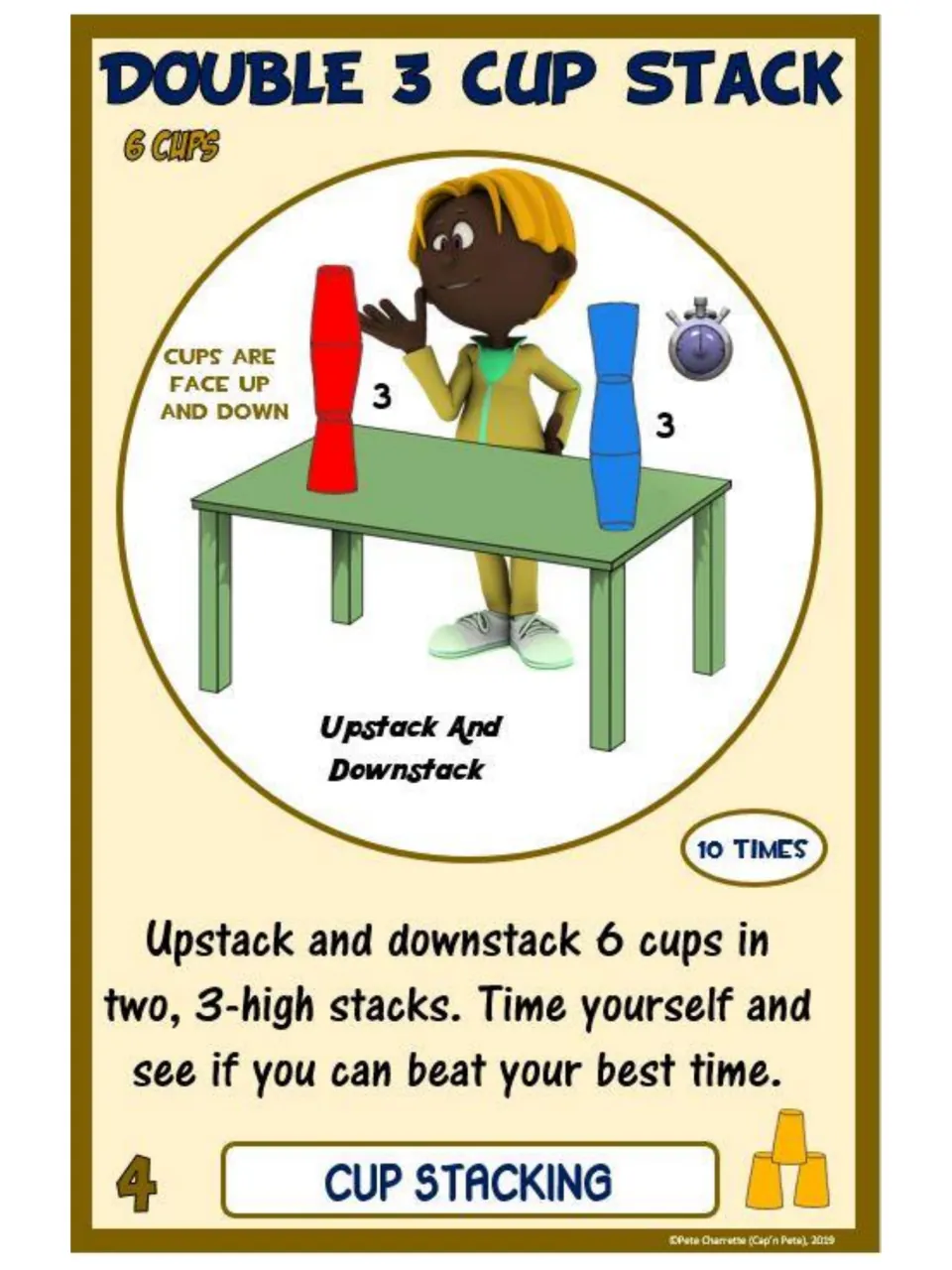 Card 4, Double 3 Cup Stack: students upstack and downstack 6 cups in two 3-high stacks 10 times and time each round