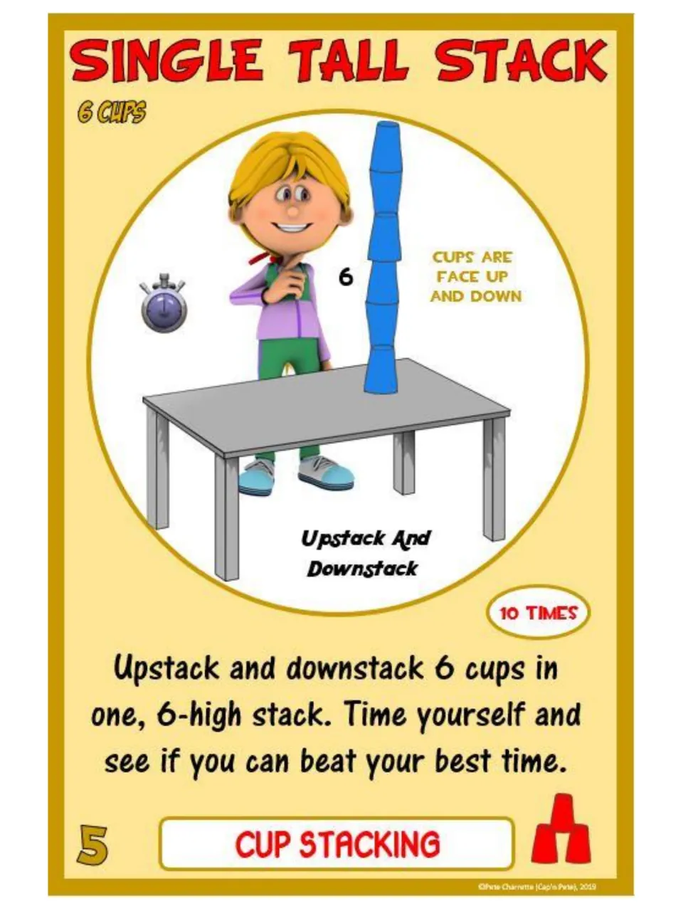 Card 5, Single Tall Stack: students upstack and downstack 6 cups in one 6-high tower 10 times, timing themselves