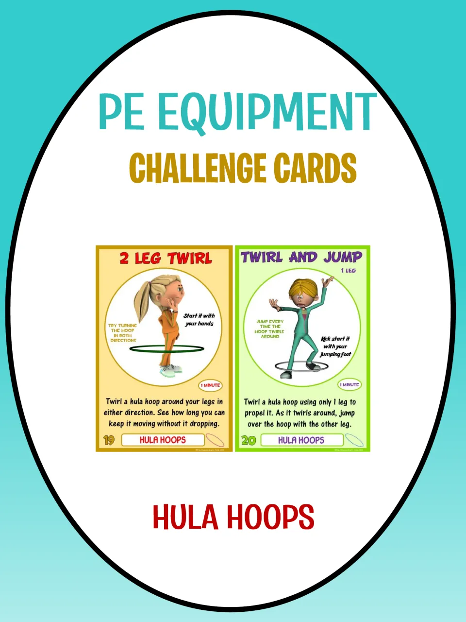 Hula hoop challenge card cover showing sample tasks 19, 2 Leg Twirl, and 20, Twirl and Jump.