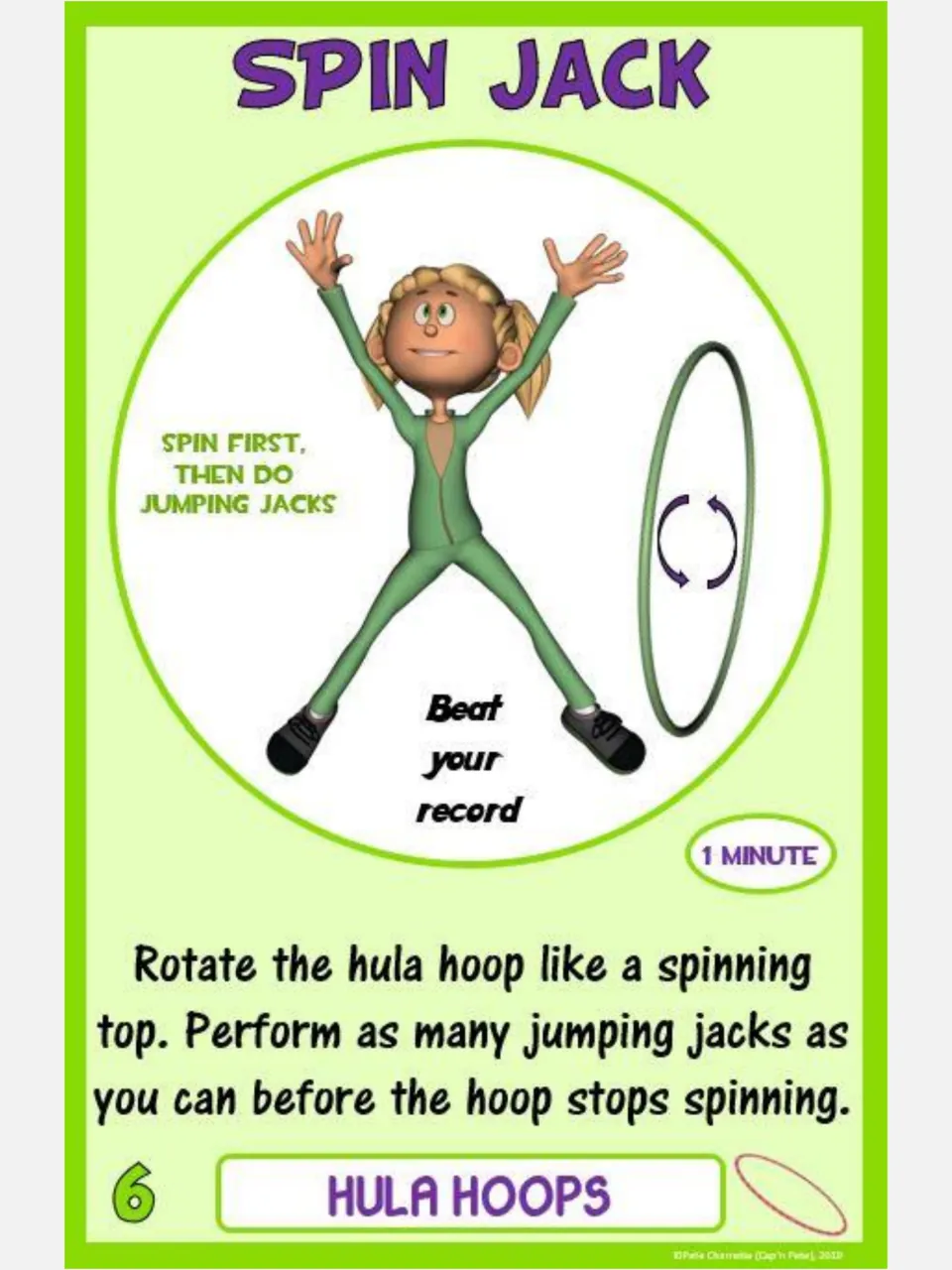 Hula hoop challenge card 6, Spin Jack: spin the hoop and do jumping jacks before it stops; one-minute task.