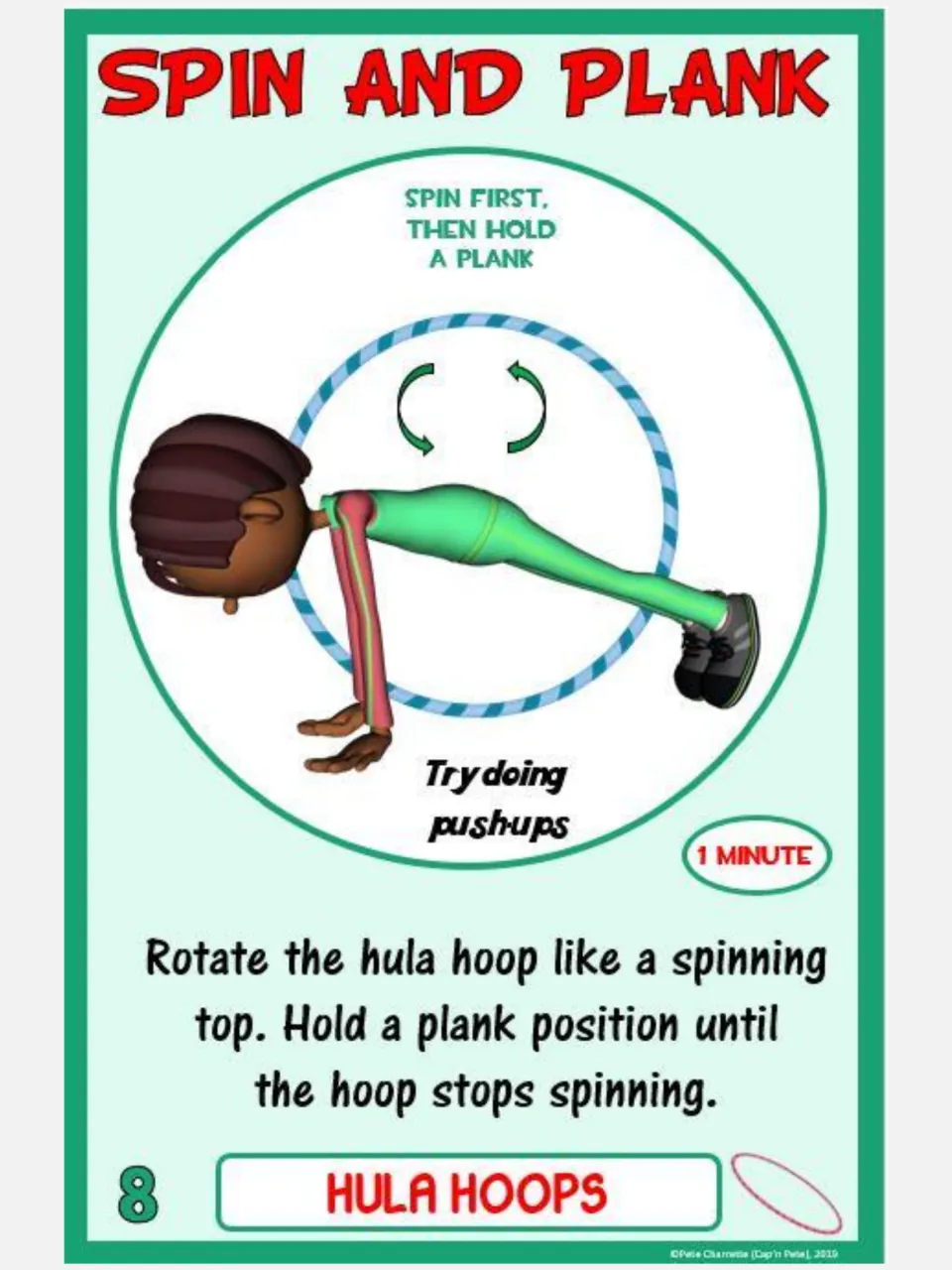 Hula hoop challenge card 8, Spin and Plank: spin the hoop and hold a plank until it stops; one-minute task.
