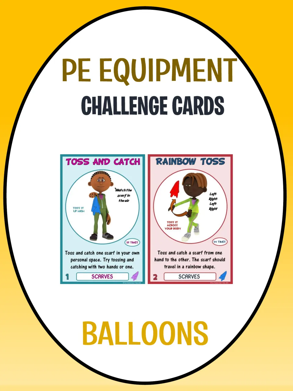 PE Equipment Challenge Cards cover showing Toss and Catch and Rainbow Toss scarf cards, with the word Balloons below