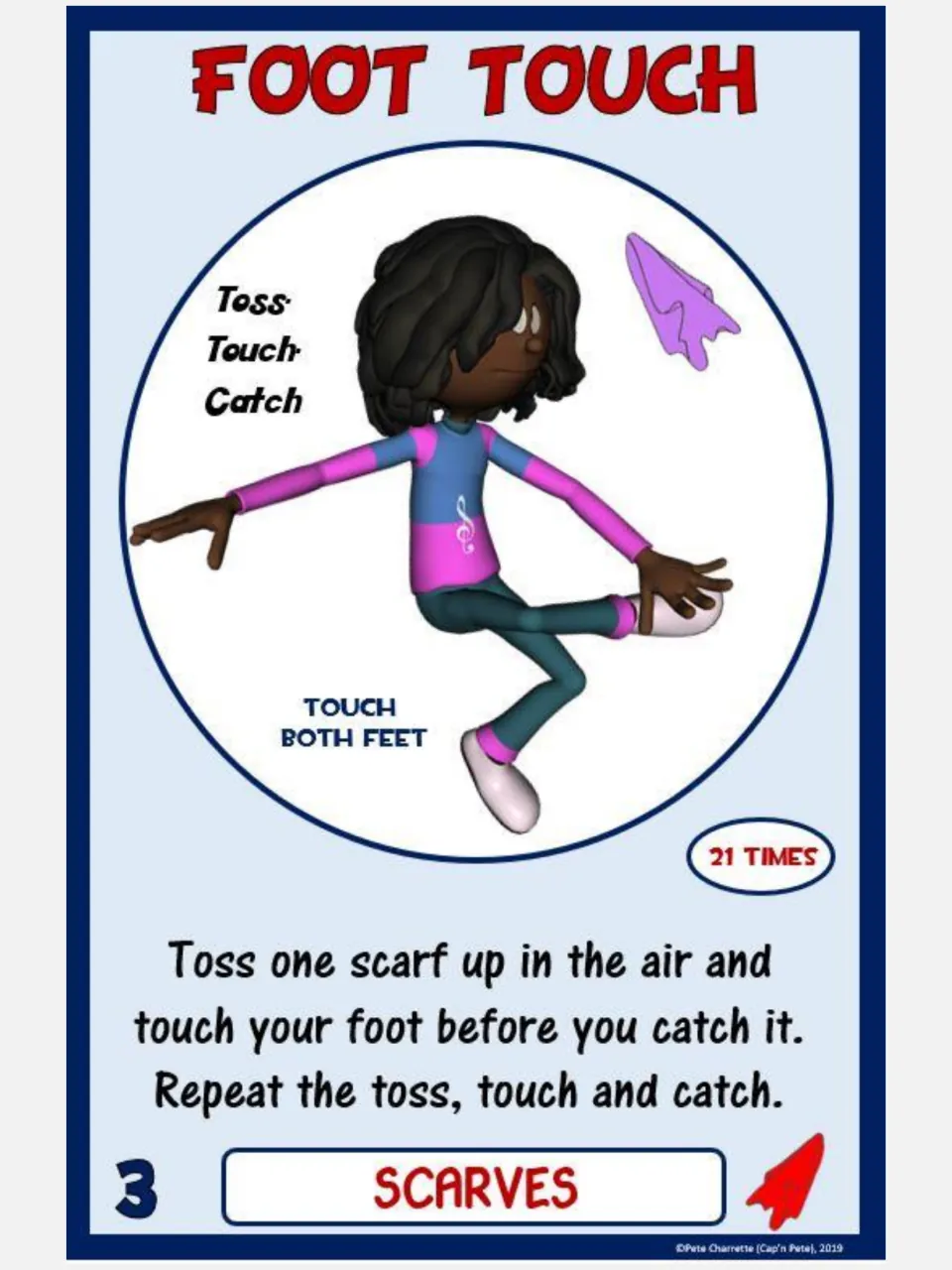Foot Touch scarf card 3: students toss a scarf, touch a foot, then catch it, repeating 21 times