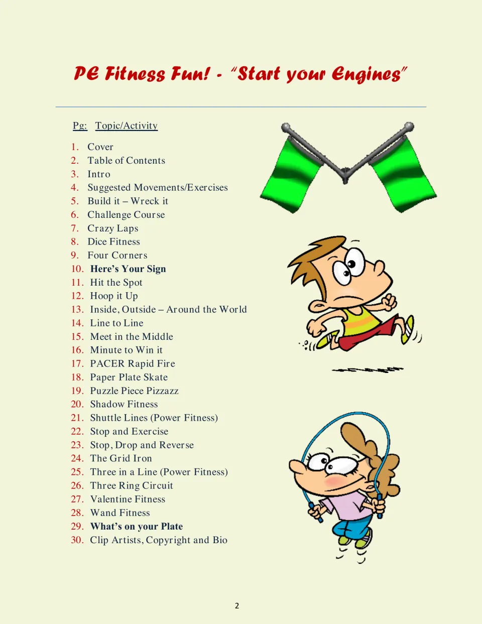 Fitness guide contents listing 25 activities, from Build it – Wreck it to What's on your Plate, plus credits
