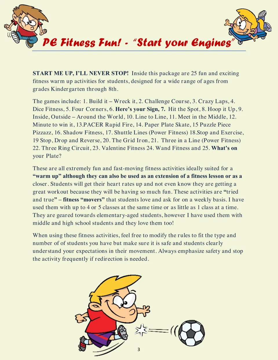 Introduction to 25 fitness warm-up activities for kindergarten through eighth grade, with safety guidance