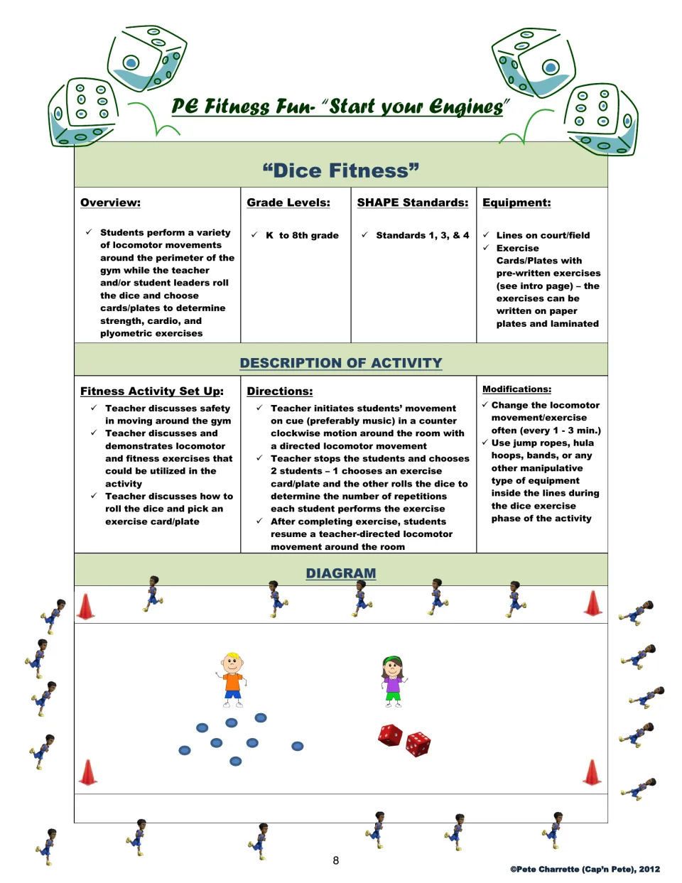 Dice Fitness activity plan: students move around the gym, then use exercise cards and dice to set repetitions