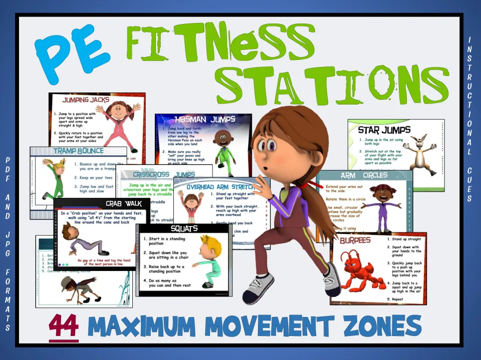 Cover: PE Fitness Stations, 44 Maximum Movement Zones, with sample cards for jumping jacks, squats, burpees and crab walk
