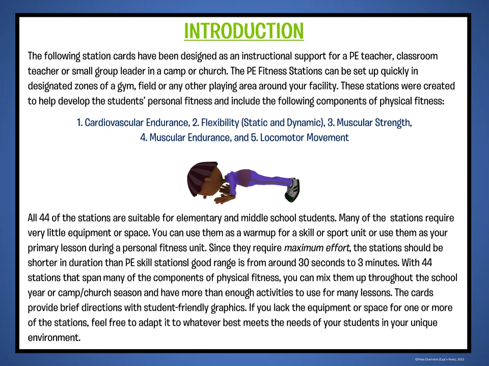 Introduction for teachers: how the station cards are used in a gym or field and the five fitness components they cover
