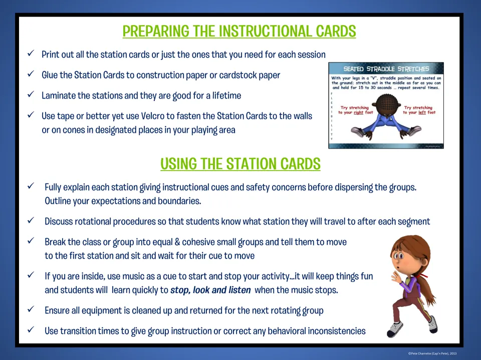 Teacher directions for preparing station cards (print, glue, laminate, post) and running rotations with music cues