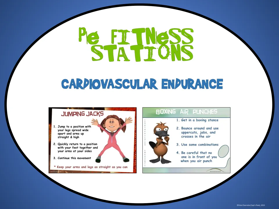 Cardiovascular endurance section divider showing sample station cards for jumping jacks and boxing air punches