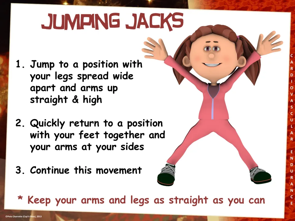 Jumping jacks station card: three numbered steps to jump legs wide with arms high, then return feet together