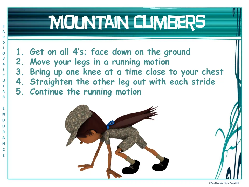 Mountain climbers station card: five steps for driving one knee at a time to the chest from an all-fours position