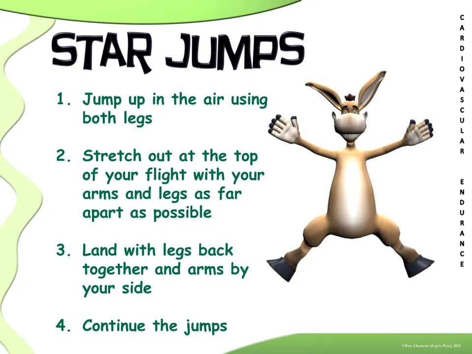Star jumps station card: four steps to jump with both legs, spread arms and legs wide in the air, and land feet together